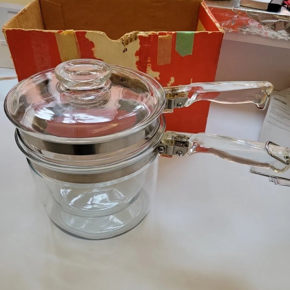 Vintage 1950's Pyrex Flameware 3pc Clear Glass Double Boiler SeComplete w/Lid - Picture 3 of 7